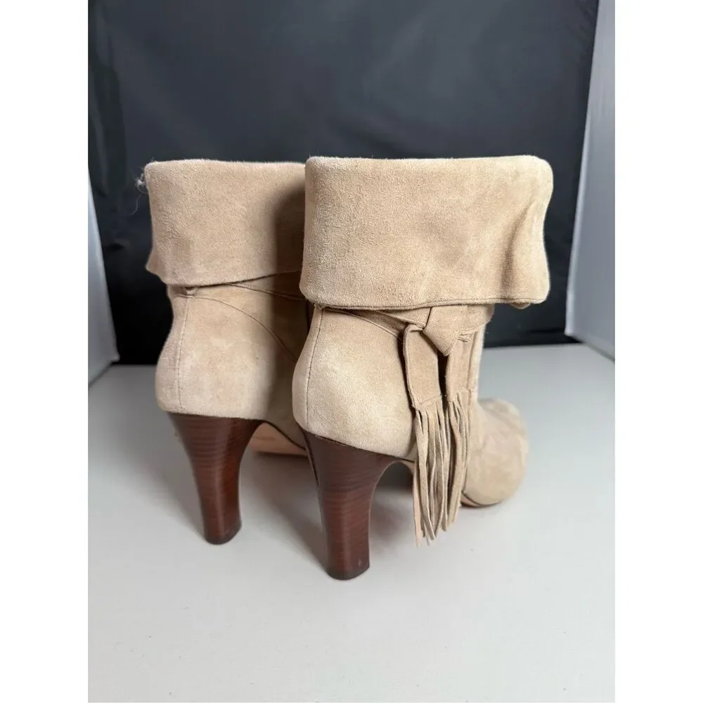 Johnston & Murphy Keaton Suede Leather Fringe Cuff‎ Heeled Boots Womens 10M Tan
